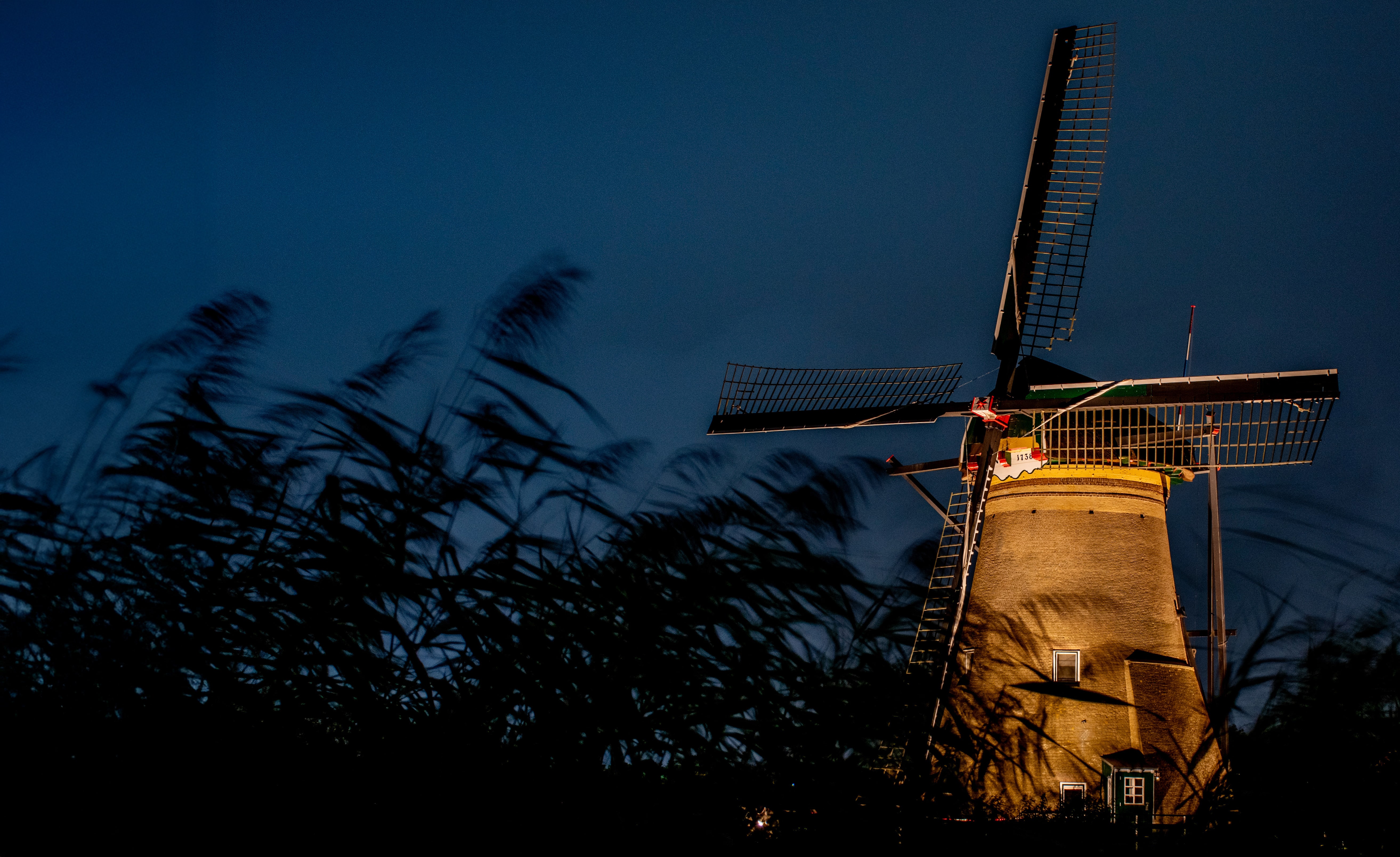 Verlichte molen tijdens de Verlichtingsweek 2024, met op de voorgrond wapperend riet.