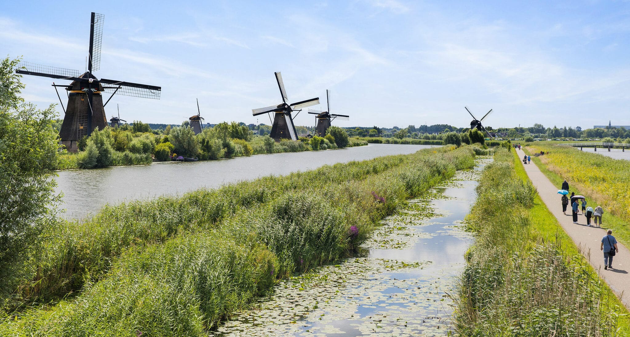 Mensen wandelend over de Middelkade in Kinderdijk met uitzicht op de molens op een mooie zomerse dag