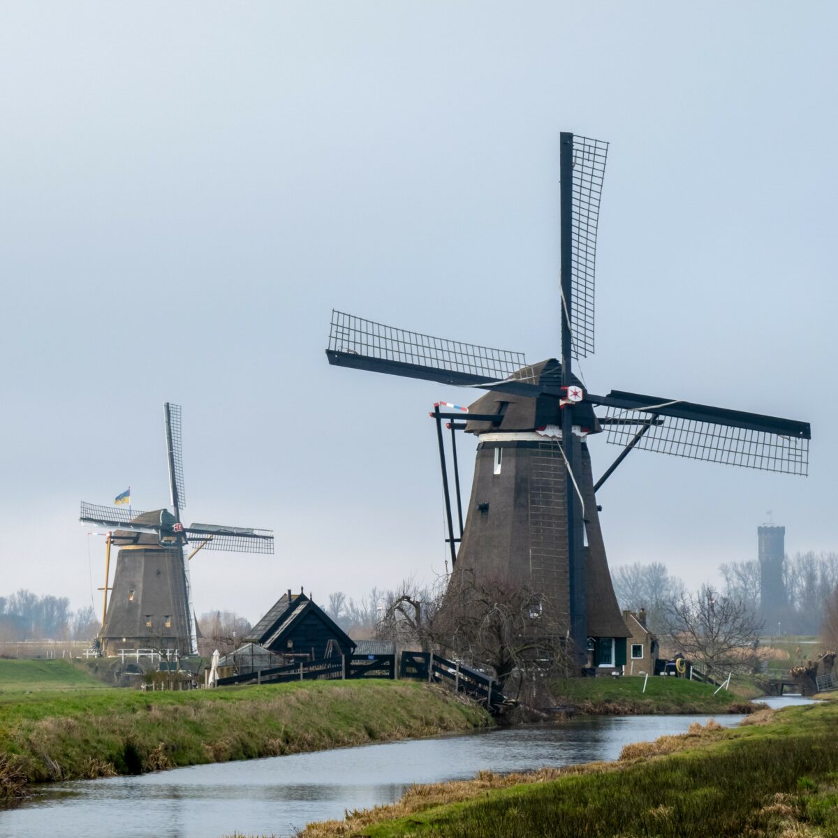 The 'Lage' and 'Hoge' Windmill of Nieuw-Lekkerland, part of the UNESCO World Heritage Site of Kinderdijk.
