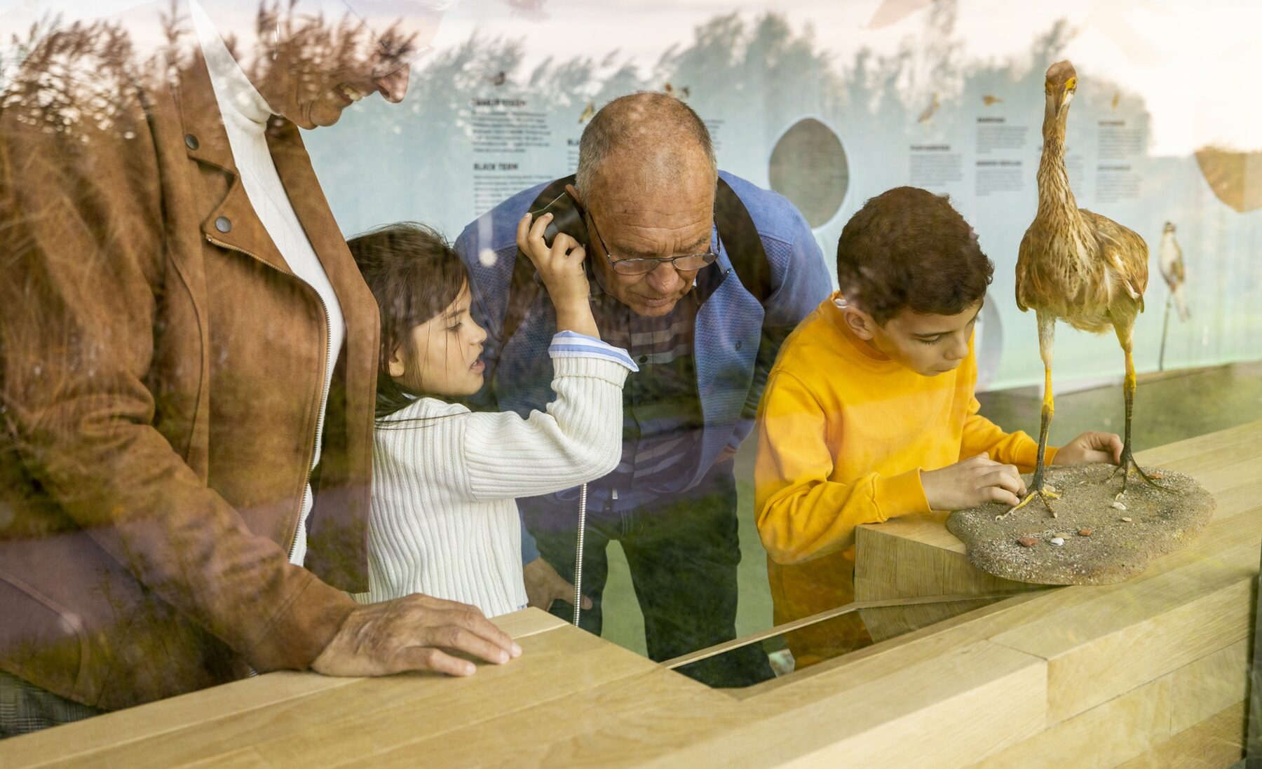 Familie aan het luisteren naar vogelgeluiden in het Vogeltheater in Werelderfgoed Kinderijk.