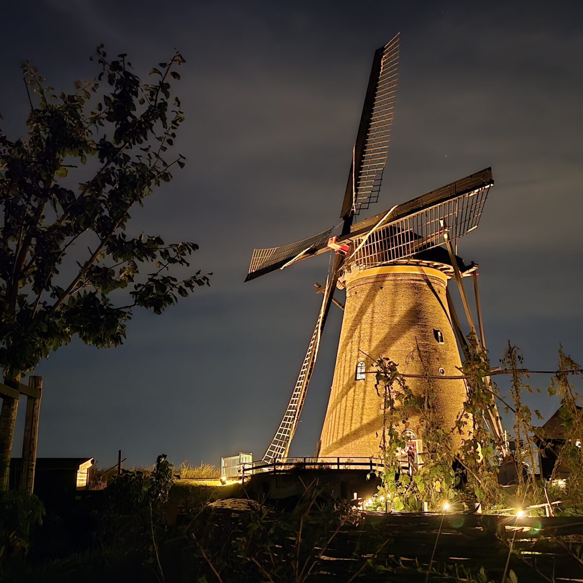 The Nederwaard Museum Mill illuminated during Illumination Week in Kinderdijk.